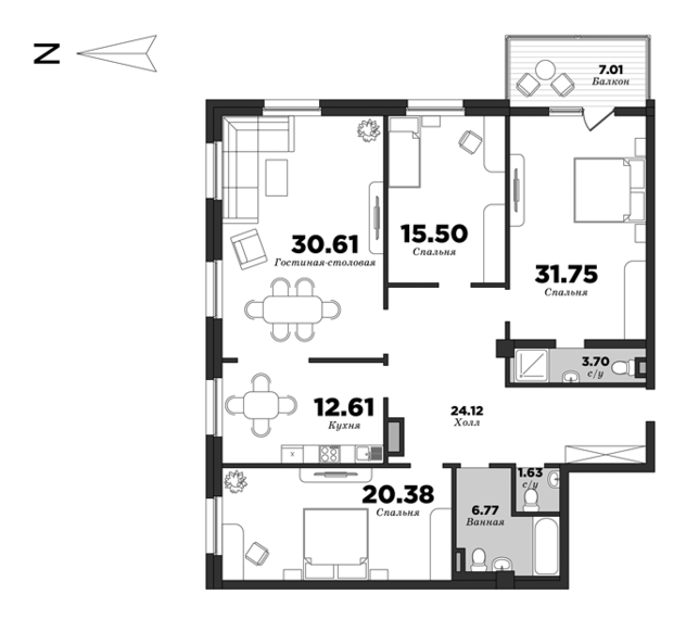 NEVA HAUS, Корпус 1, 4 спальни, 142.48 м² | планировка элитных квартир Санкт-Петербурга | М16